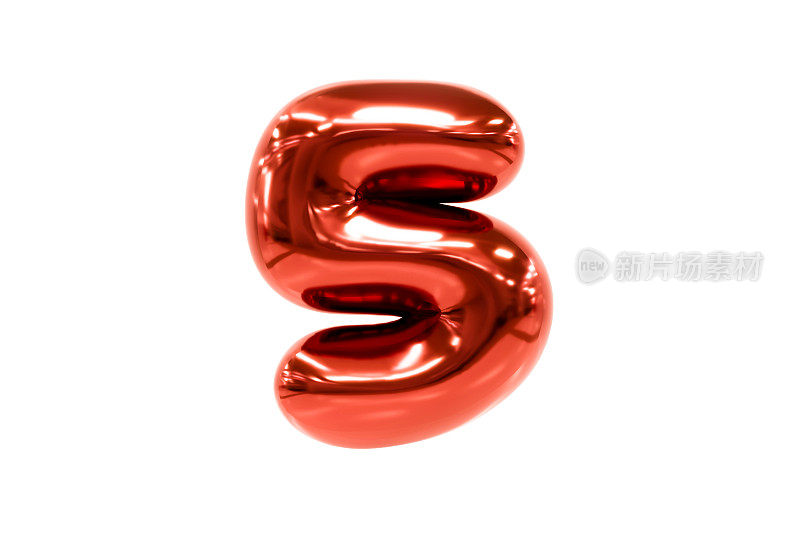 气球字体金属红色数字5由现实的氦气球，Premium 3d插图。